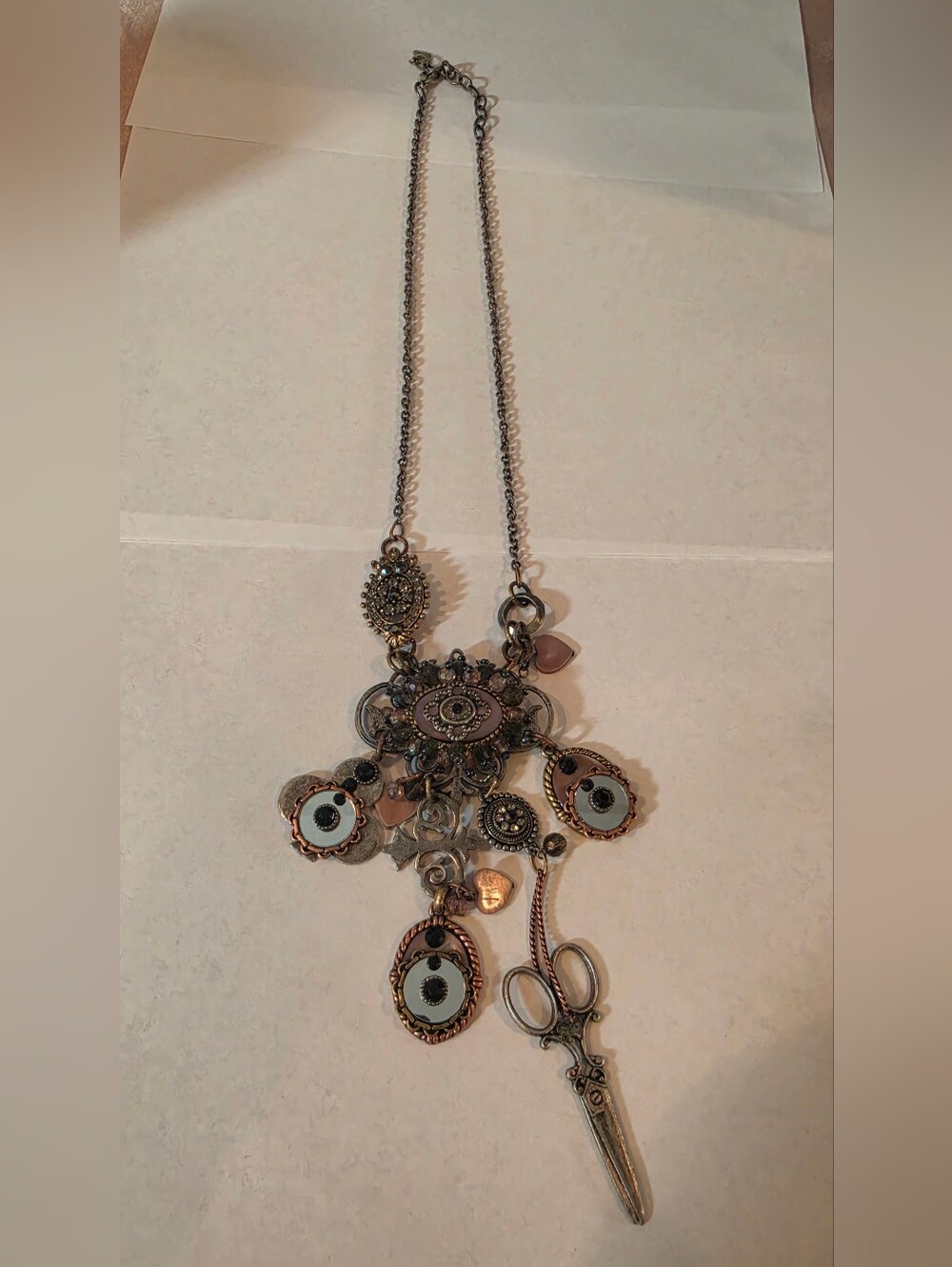 Vintage Gothic Assemblage Statement Necklace Scissor Pendant Silver Bronze